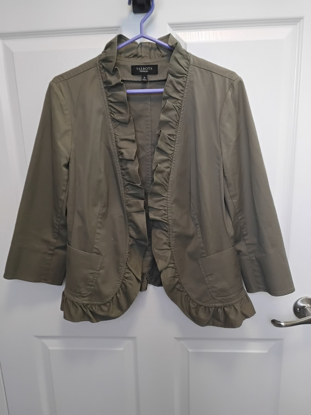Talbots Olive Green Ruffle-Trim Women's Jacket SIZE 10